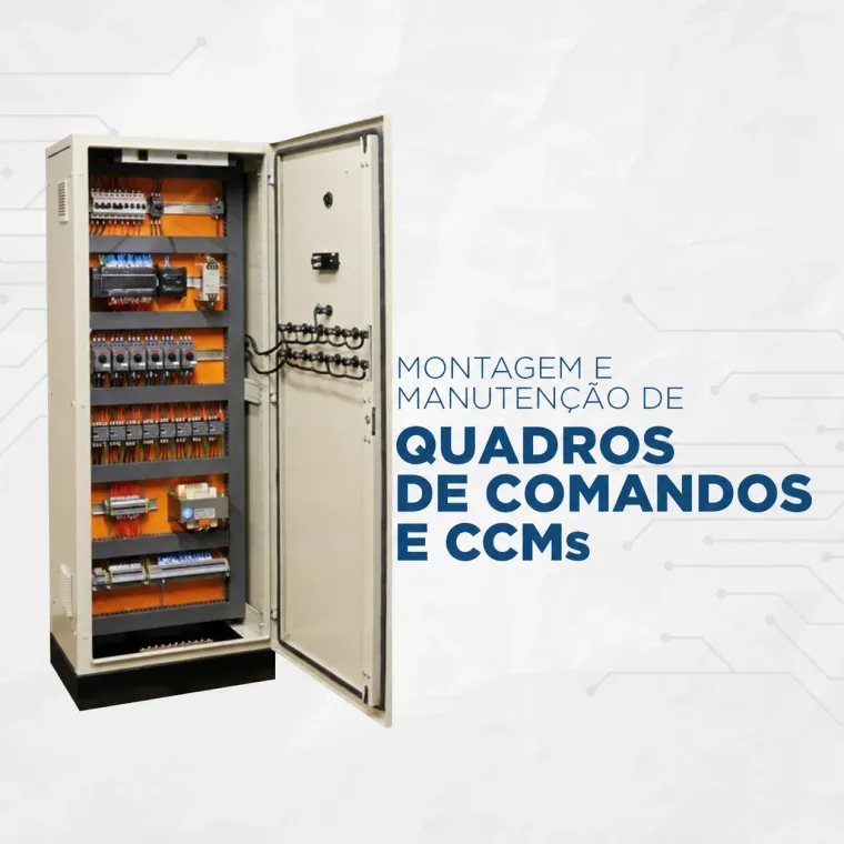 Montagem e manutenção de quadros de comandos e CCMs — painel de comando industrial aberto, com disjuntores, contatores e barramentos organizados.